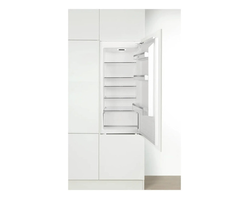 Eingebauter Kühlschrank mit geöffneter Tür und Glasregalen.