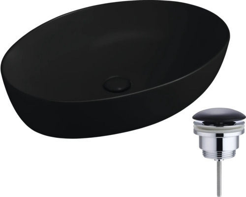 Vasque à poser noire en céramique avec garniture de vidange