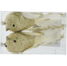 Deux pinces à oiseaux scintillantes dorées avec des plumes dans un emballage transparent.
