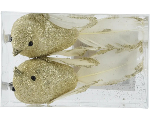 Deux pinces à oiseaux scintillantes dorées avec des plumes dans un emballage transparent.