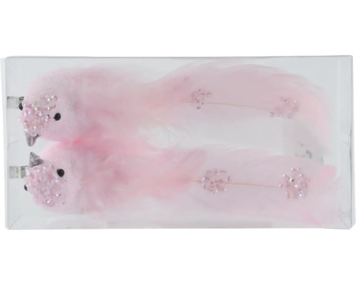 Décoration pour sapin de Noël oiseau en mousse rose vif Deux oiseaux décoratifs roses avec des plumes dans un emballage transparent.