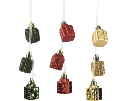 Weihnachtsbaumanhänger Geschenk 2,5 cm Kunststoff zufällige Farbauswahl Neun Geschenkboxen als Christbaumschmuck an Bändern
