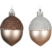 Zwei glitzernde Eichel-Christbaumkugeln mit Aufhängern