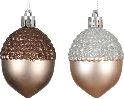 Weihnachtsbaumschmuck Eicheln Kunststoff zufällige Farbauswahl Zwei glitzernde Eichel-Christbaumkugeln mit Aufhängern