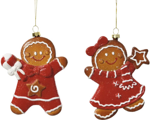 Weihnachtsbaumanhänger Lebkuchen Kunststoff zufällige Motivauswahl Zwei Lebkuchenmann-Christbaumschmuck mit Aufhängung
