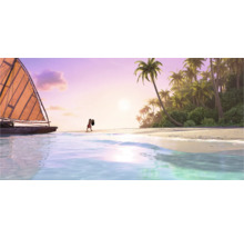 Tropische Szene mit Strand, Meer, Segelboot und Palmen