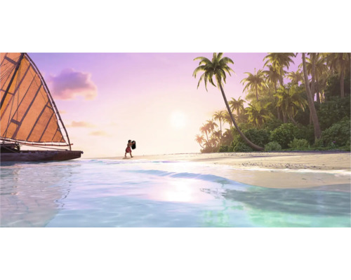 Tropische Szene mit Strand, Meer, Segelboot und Palmen