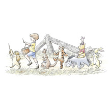 Illustration de Christopher Robin, Winnie l''ourson, Porcinet, Bourriquet, Tigrou, Kanga, Petit Gourou et Hibou en train de marcher.