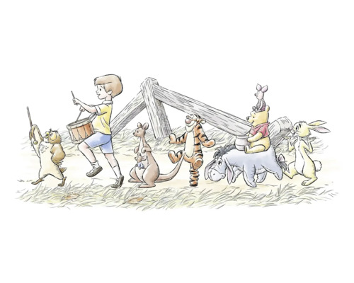 Papier peint panoramique intissé DX2-172 Disney Winnie Pooh Walk Along 2 pces 100 x 250 cm Illustration de Christopher Robin, Winnie l''ourson, Porcinet, Bourriquet, Tigrou, Kanga, Petit Gourou et Hibou en train de marcher.