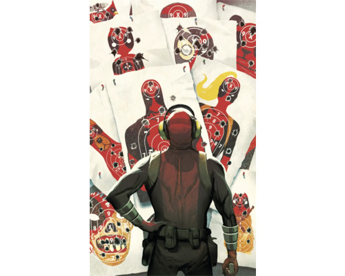 Papier peint panoramique intissé DX3-174 Marvel Deadpool Target Shooti 3 pces 250 x 150 cm Illustration d''une personne portant un casque audio, debout devant des cibles de tir.
