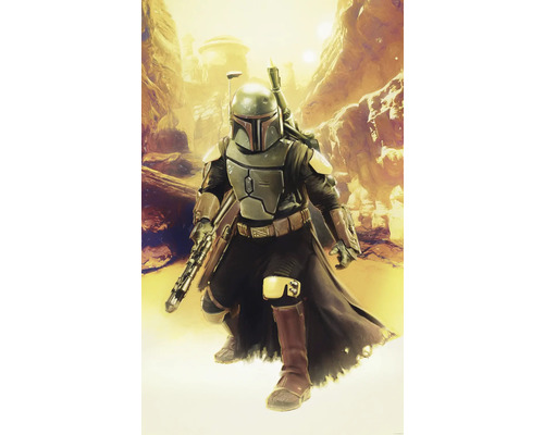 Papier peint panoramique intissé DX3-179 Star Wars Boba Fett Sneaking 3 pces 250 x 150 cm Illustration d''une figurine en armure avec un fusil dans un paysage désertique