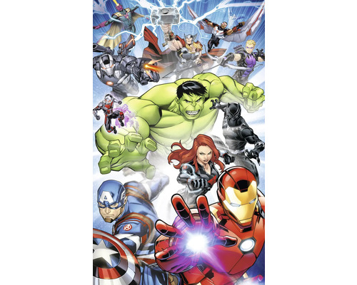 Papier peint panoramique intissé DX3-180 Marvel Avengers Protect 3 pces 250 x 150 cm Illustration de bande dessinée de différents personnages Avengers en action