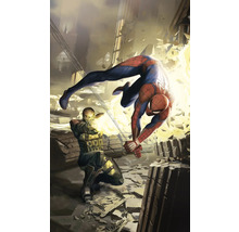 Spider-Man esquive un adversaire dans un environnement détruit.