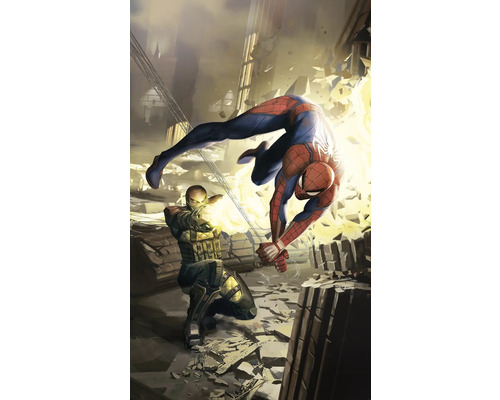 Papier peint panoramique intissé DX3-188 Marvel Spider-Man Dodge 3 pces 250 x 150 cm Spider-Man esquive un adversaire dans un environnement détruit.