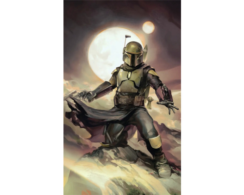 Papier peint panoramique intissé DX3-202 Star Wars Boba Fett Epic 3 pces 250 x 150 cm Illustration d''une personne en armure avec un casque devant deux lunes