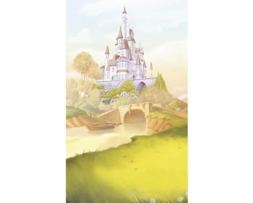 Papier peint panoramique intissé DX3-227 Disney Princess Belle Castle 3 pces 250 x 150 cm Illustration d''un château sur une colline avec une rivière et un pont