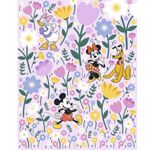 Illustration avec les personnages Disney Mickey Mouse, Minnie Mouse, Donald Duck et Pluto dans un jardin fleuri.