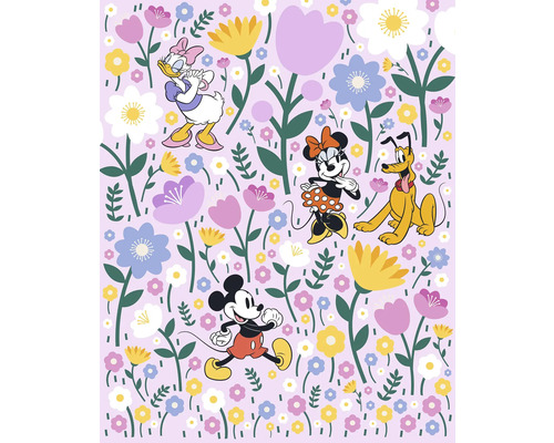 Papier peint panoramique intissé DX4-175 Disney Mickey and Minnie 4 pces 250 x 200 cm Illustration avec les personnages Disney Mickey Mouse, Minnie Mouse, Donald Duck et Pluto dans un jardin fleuri.