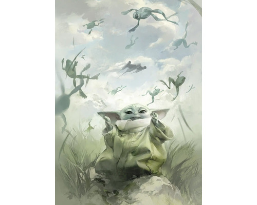 Gemälde von Baby Yoda mit fliegenden Fröschen und Raumschiffen