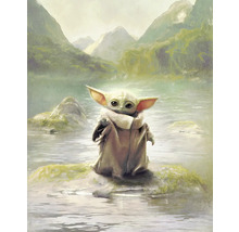 Peinture de Bébé Yoda sur un rocher dans l''eau devant un paysage de montagne.