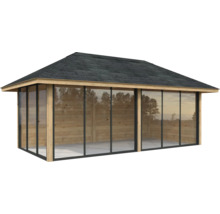 Pavillon de jardin avec cadre en bois, portes coulissantes en verre et toit