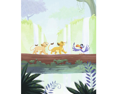 Papier peint panoramique intissé DX4-220 Disney Lion King Classic 4 pces 250 x 200 cm Illustration des personnages du Roi Lion en équilibre sur un tronc d''arbre.