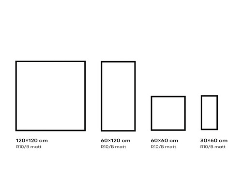 Darstellung verschiedener Fliesengrößen: 120x120 cm, 60x120 cm, 60x60 cm und 30x60 cm, jeweils R10/B matt.