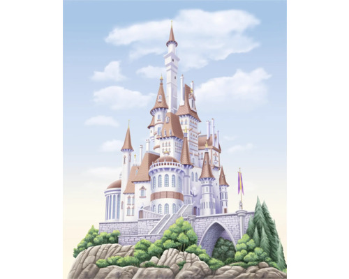 Papier peint panoramique intissé DX4-229 Disney Princess Belle Castle 4 pces 250 x 200 cm Illustration d''un château sur une colline avec des arbres et une arche en pierre