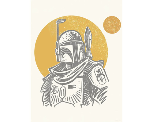 Poster Star Wars Boba Fett Illustration Iconic 30x40 cm Illustration von Boba Fett mit Helm und Rüstung vor gelbem Hintergrund