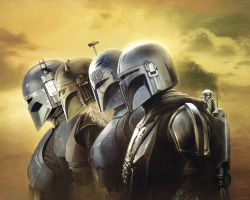 Poster Star Wars The Mandalorian Line Up 50x40 cm Gemälde von vier Mandalorianern in Rüstung