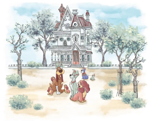 Fototapete Vlies DX6-190 Disney Lady and the Tramp Swe 6-tlg. 250 x 300 cm Illustration einer Hundefamilie vor einem Haus
