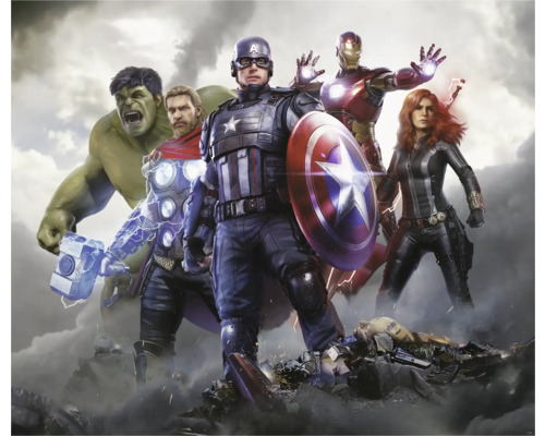 Papier peint panoramique intissé DX6-208 Marvel Avengers Working Toget 6 pces 250 x 300 cm Représentation des personnages Avengers : Hulk, Thor, Captain America, Iron Man et Black Widow.