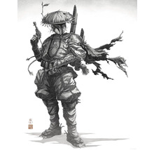 Illustration einer Figur mit Helm, Gewehr und Umhang