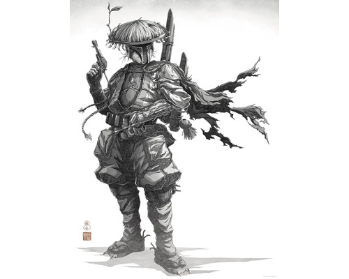 Illustration einer Person in einer futuristischen Rüstung mit einem asiatischen Hut.