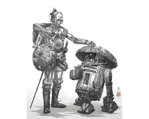 Illustration zweier Roboterfiguren im Samurai-Stil mit Hüten und traditioneller Kleidung