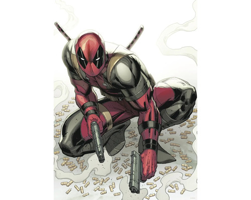 Illustration de Deadpool avec des pistolets et des munitions