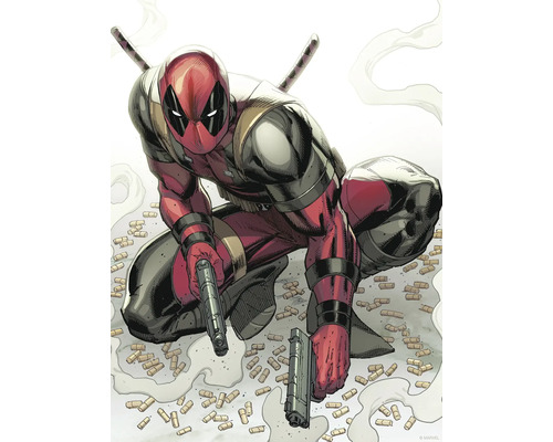 Illustration de Deadpool avec des armes et des munitions