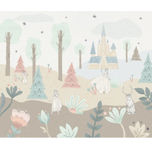 Illustration mit Motiven aus Frozen mit Elsa, Olaf, Sven, Bäumen, Blumen und einem Schloss