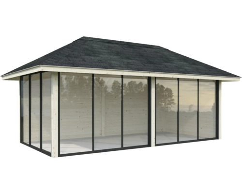 Abri de jardin en bois avec façade en verre et toit en bitume