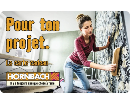 Une femme tapisse un mur à motifs floraux avec une brosse. Logo Hornbach.