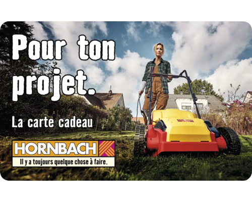 Femme avec un scarificateur à gazon dans le jardin, texte : Pour votre projet. La carte cadeau, logo Hornbach