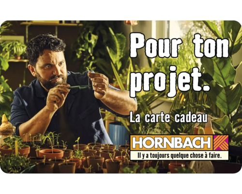 Homme avec sécateur et semis devant des pots de culture, logo Hornbach