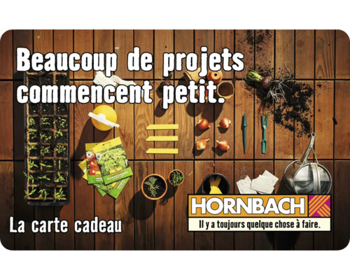 Scène de jardin avec semis, bulbes de fleurs, outils de jardin et logo Hornbach sur fond de bois