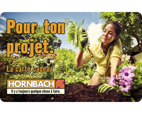 Femme plantant des fleurs dans le jardin avec une carte cadeau Hornbach au premier plan
