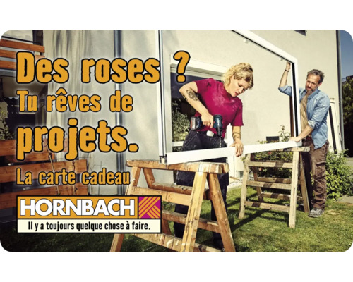 Femme travaille avec une visseuse sans fil sur un châssis de fenêtre, homme maintient le châssis, logo Hornbach