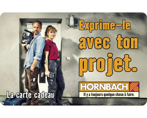 Homme avec visseuse sans fil et femme avec perceuse devant le logo Hornbach