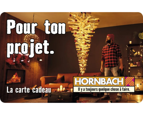 Salon avec sapin de Noël moderne en bois, homme et logo Hornbach