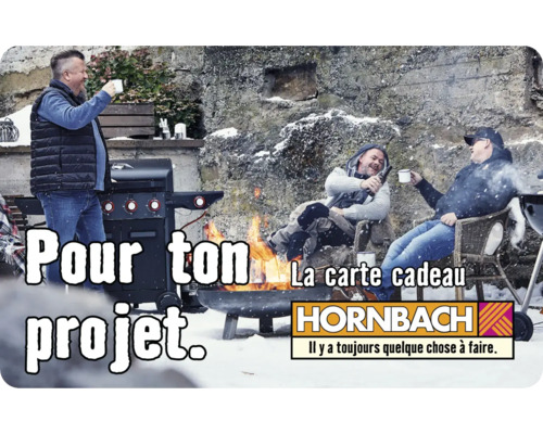 Scène avec des hommes, barbecue, foyer et logo Hornbach