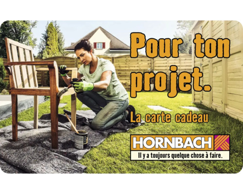 Femme peignant une chaise en bois dans le jardin avec un pinceau et de la peinture. Logo Hornbach.