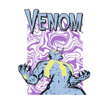 Venom-Illustration mit muskulöser Figur und psychedelischem Hintergrund